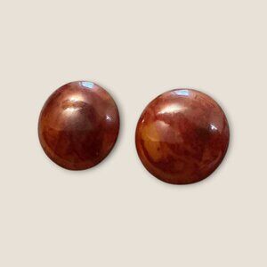 Estate Vintage Bakelite Clip-On Earrings Marbled Amber Brown Round Design